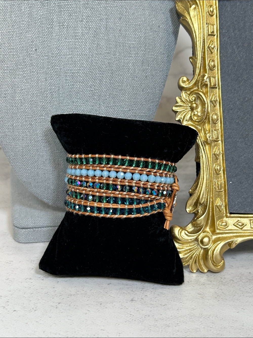 Multi-Strand Teal & Turquoise Crystal Wrap Bracelet with Brown Leather Cord